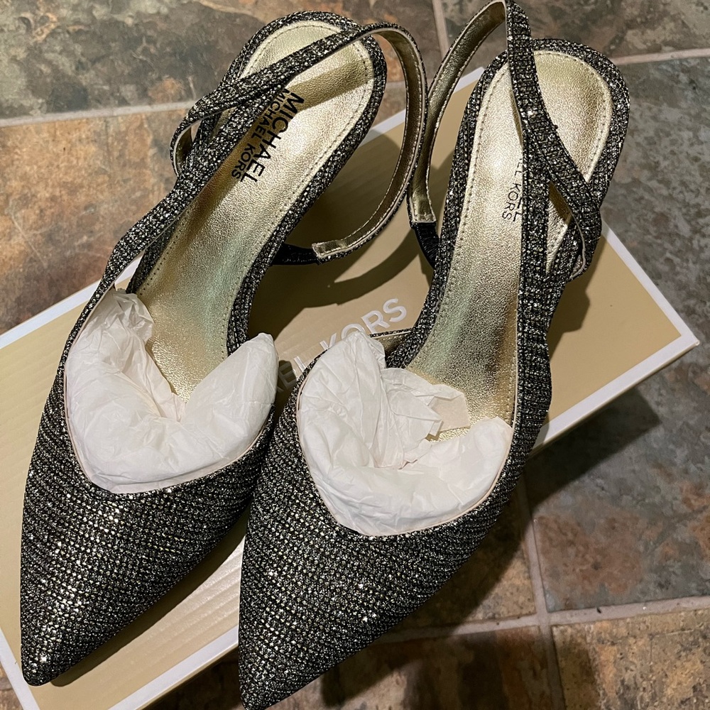 Michael Kors Silver-Black Glitter Pointed Slingback Heels